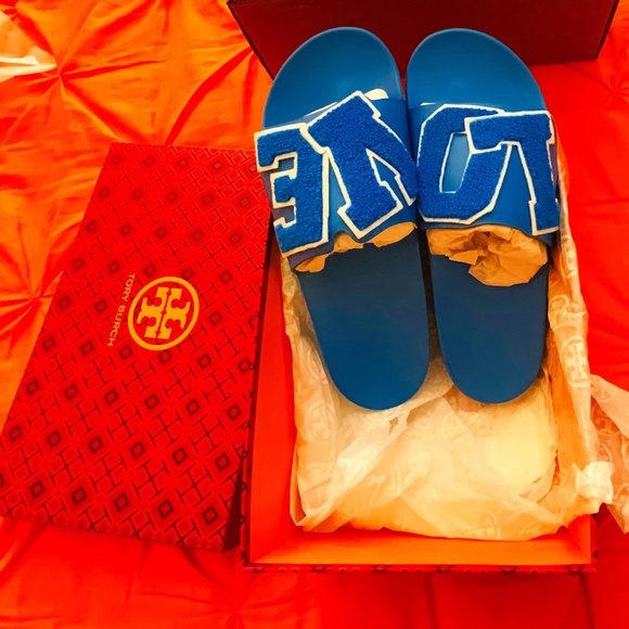 Tory Burch LOVE SLIDES BLUE Shoes - TORY BURCH [womens] Slide Sandals  : Vintage Blue / Ivory  “” RARE’’